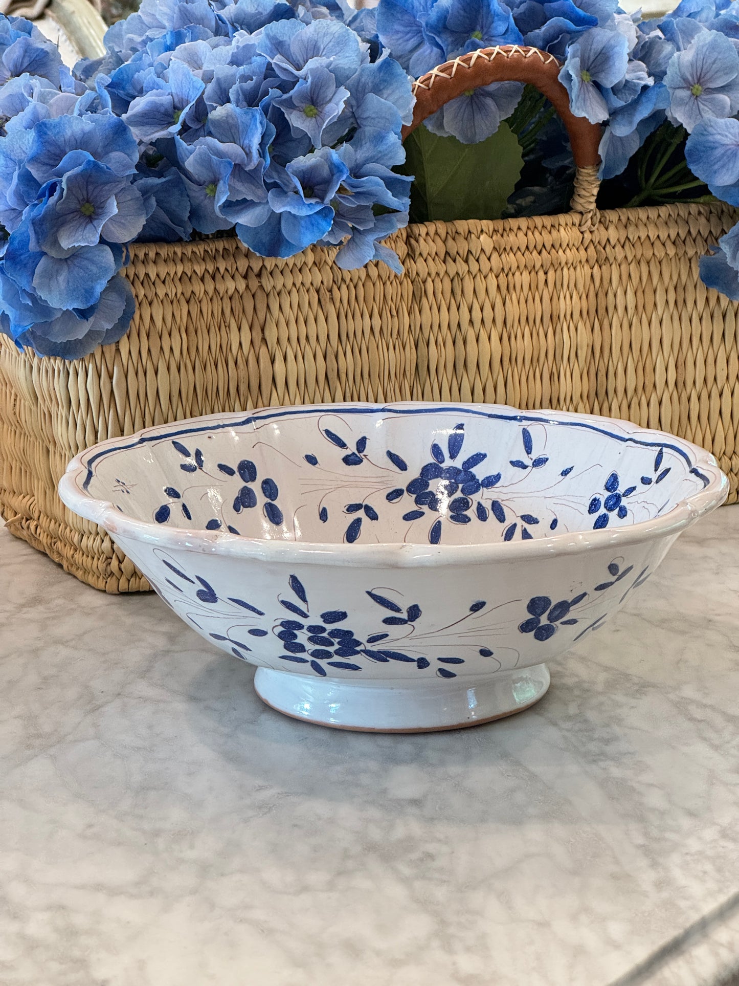 Vintage 20th c. Blue & White Moustiers Footed Serving Bowl