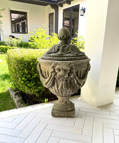 Antique 20th c. French Stone Garden Urn with Lid