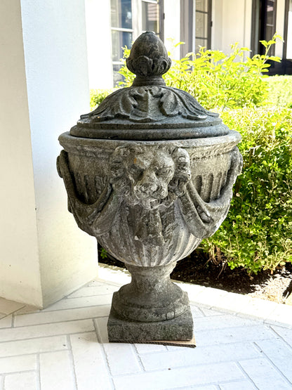 Antique 20th c. French Stone Garden Urn with Lid