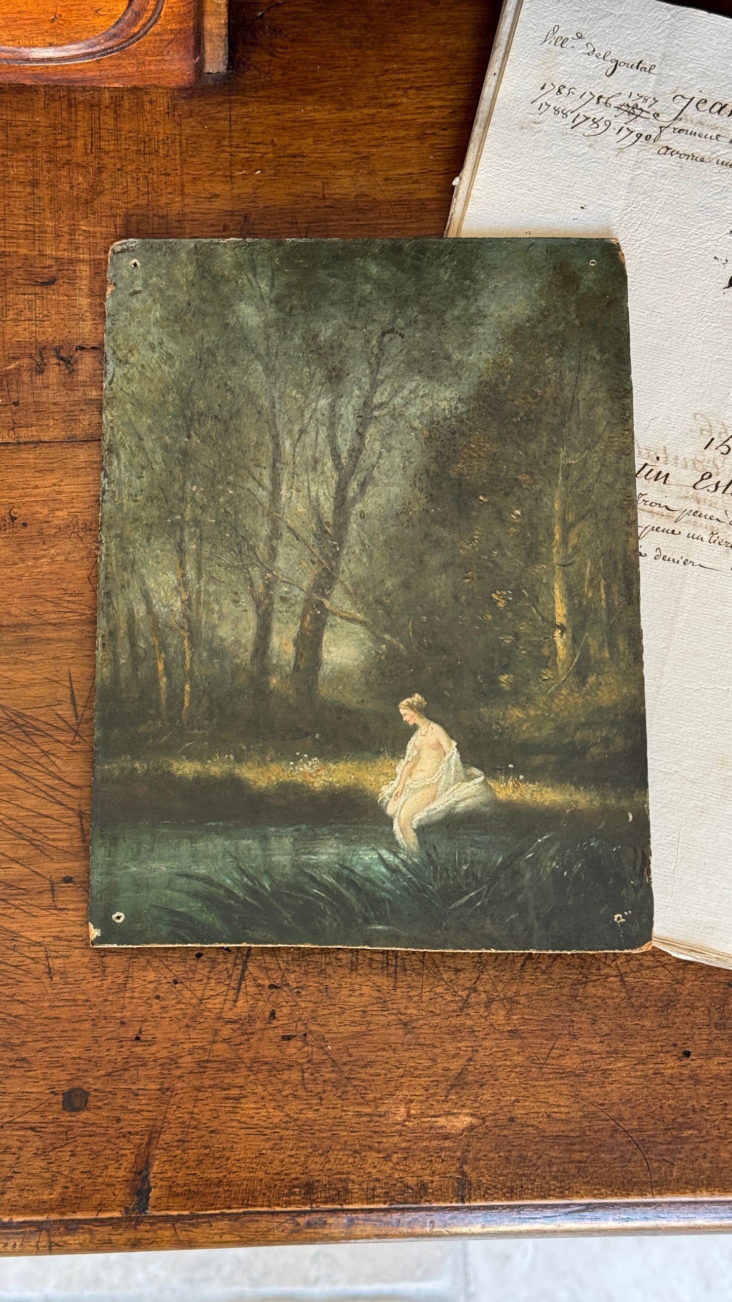 Antique French Painting on Board Lady in Stream