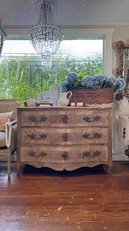 Antique Bleached Wood Chest with Round Handles 19th c found in France
