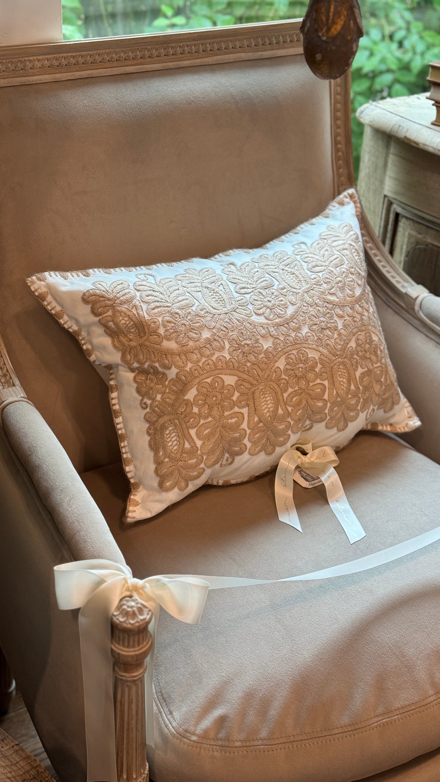 Antique European Linen Pillow - White with Taupe Stitching Small
