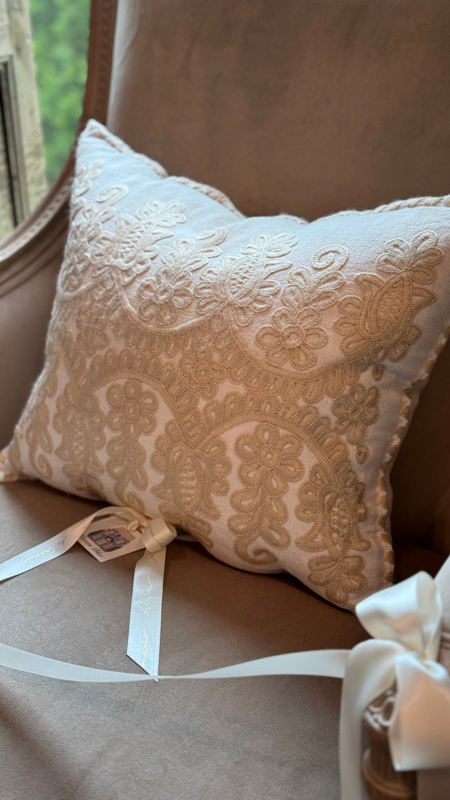 Antique European Linen Pillow - White with Taupe Stitching Small