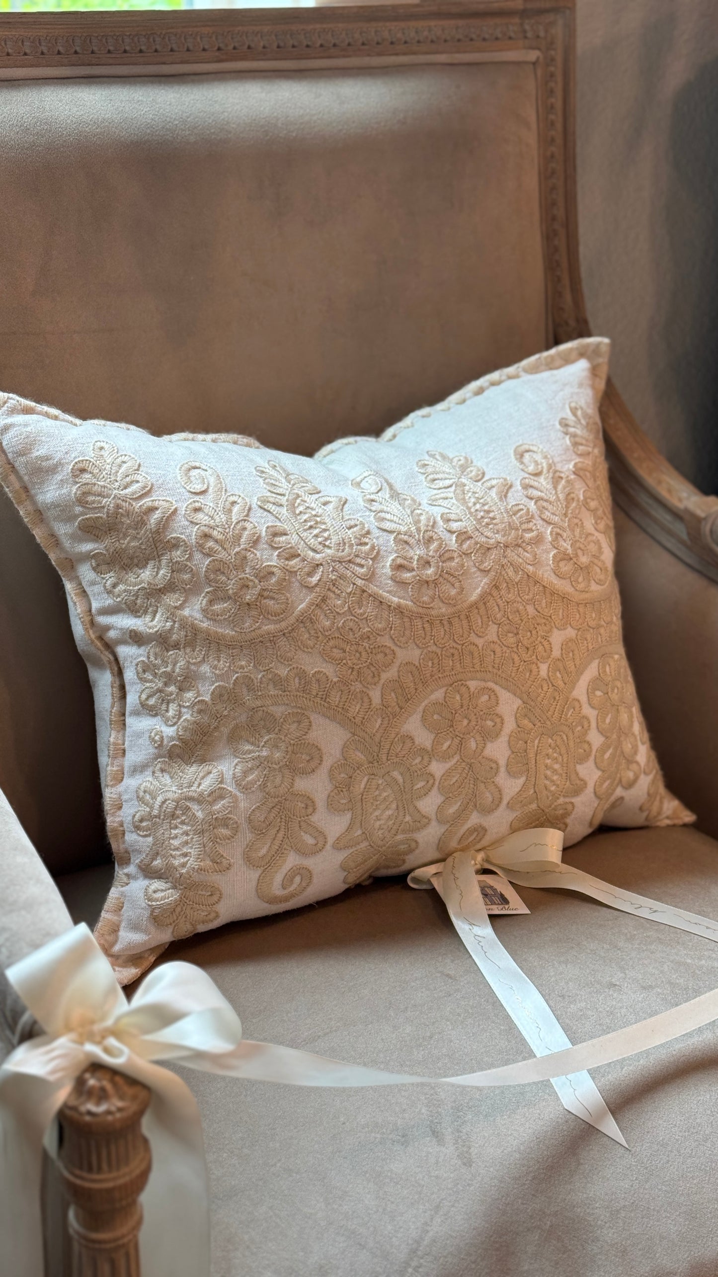 Antique European Linen Pillow - White with Taupe Stitching Small