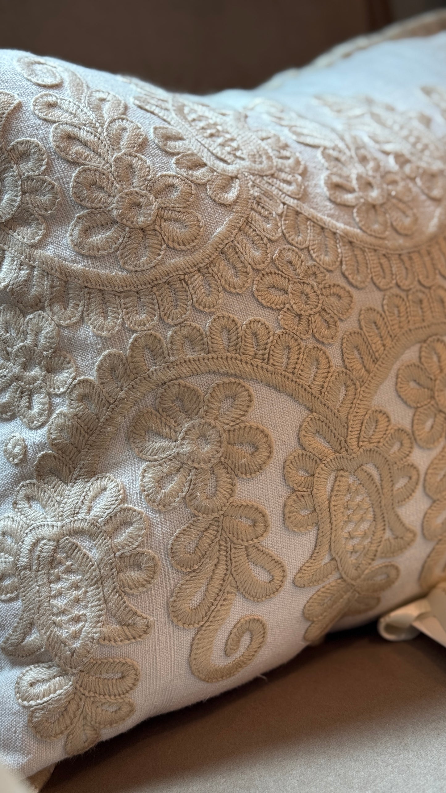 Antique European Linen Pillow - White with Taupe Stitching Small