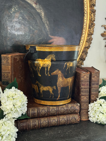 Vintage 20th c. English Decoupage Horse Bucket