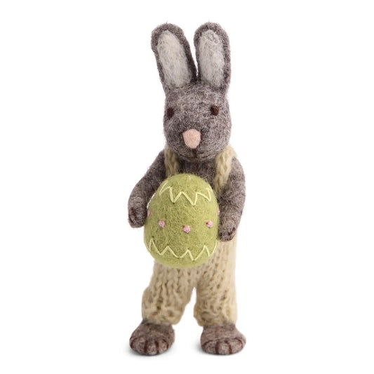 Felt Grey Bunny - in Overalls with Green Egg