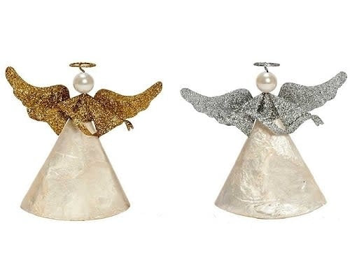 Ornament - Angel with Ribbon - Capiz with Glitter Wings Silver 5.5"
