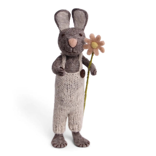 Big Felt Grey Bunny - in Overalls with Flower
