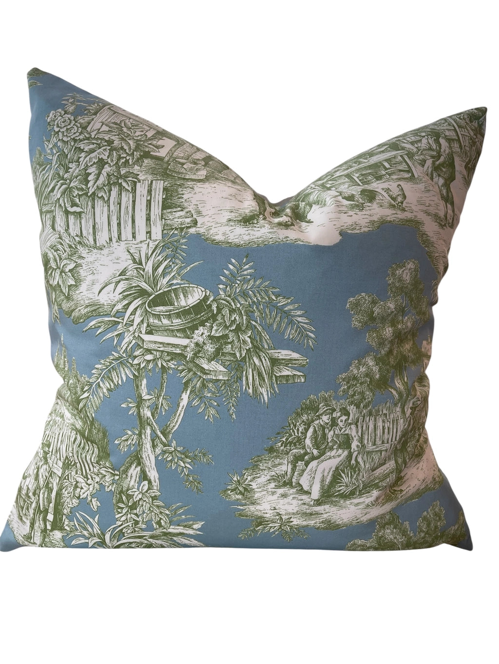Pillow - Old World Toile in Blue/Green with Feather Insert - 20"x 20"