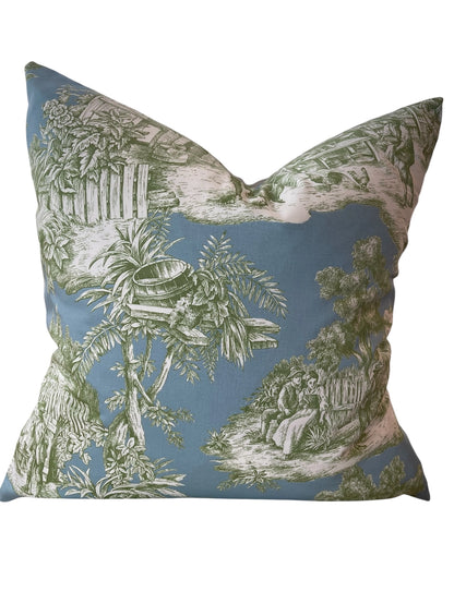 Pillow - Old World Toile in Blue/Green with Feather Insert - 20"x 20"