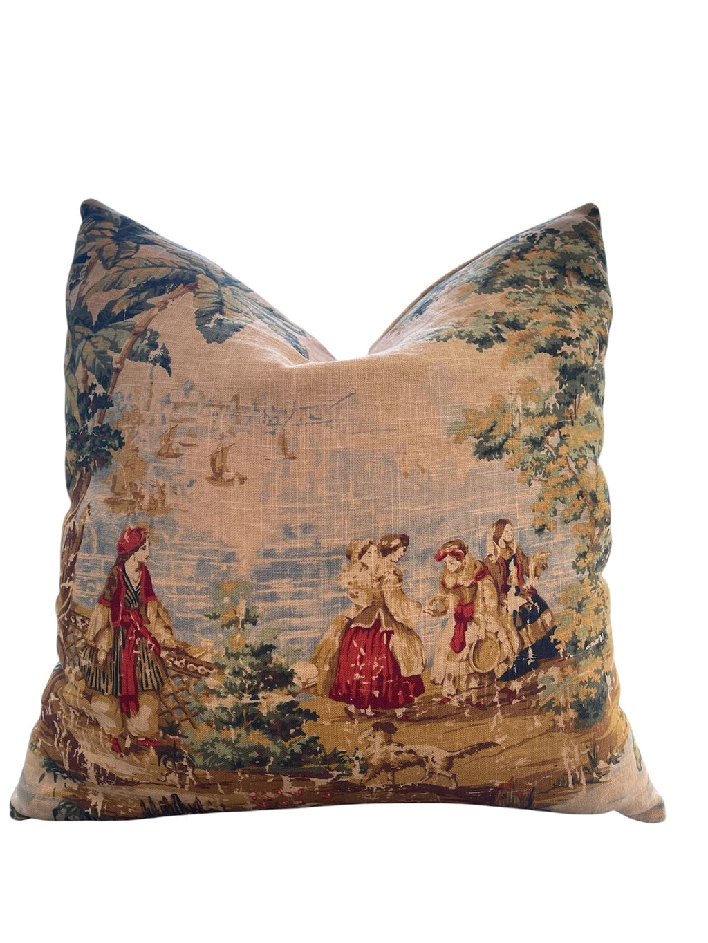 Pillow - Old World Toile in Blue/Red with Feather Insert - 20"x 20"