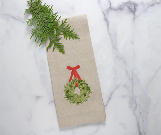 Towel - Holiday Boxwood Wreath Flax with Red Ribbon