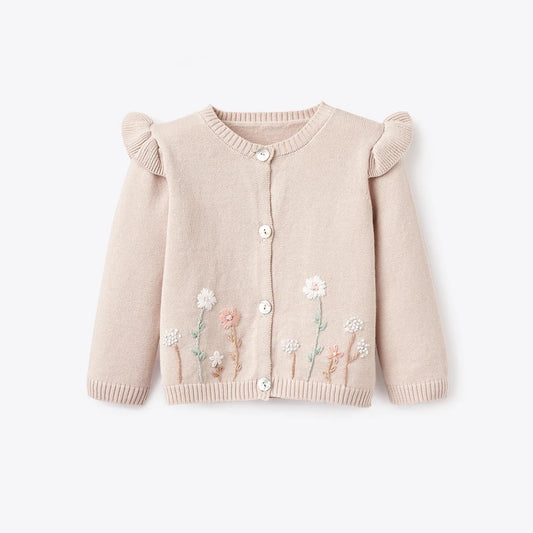 Cardigan Sweater - Embroidered Floral Flutter Sleeve Taupe