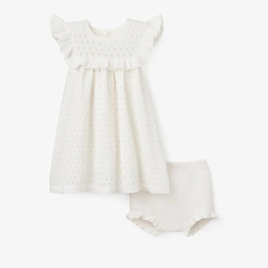 Dress with Bloomers - Pointelle Flutter Sleeve White