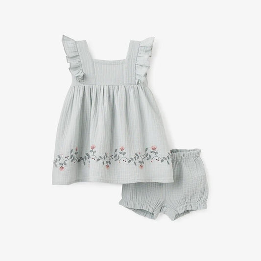 Dress with Bloomers - Embroidered Floral Aqua