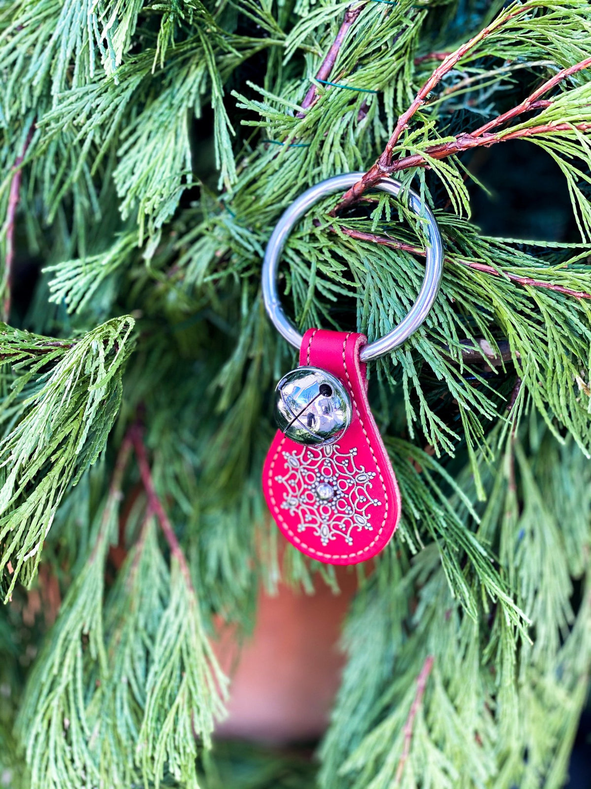 Nickel Plated Brass Sleigh Bells - Teardrop Snowflake - Red