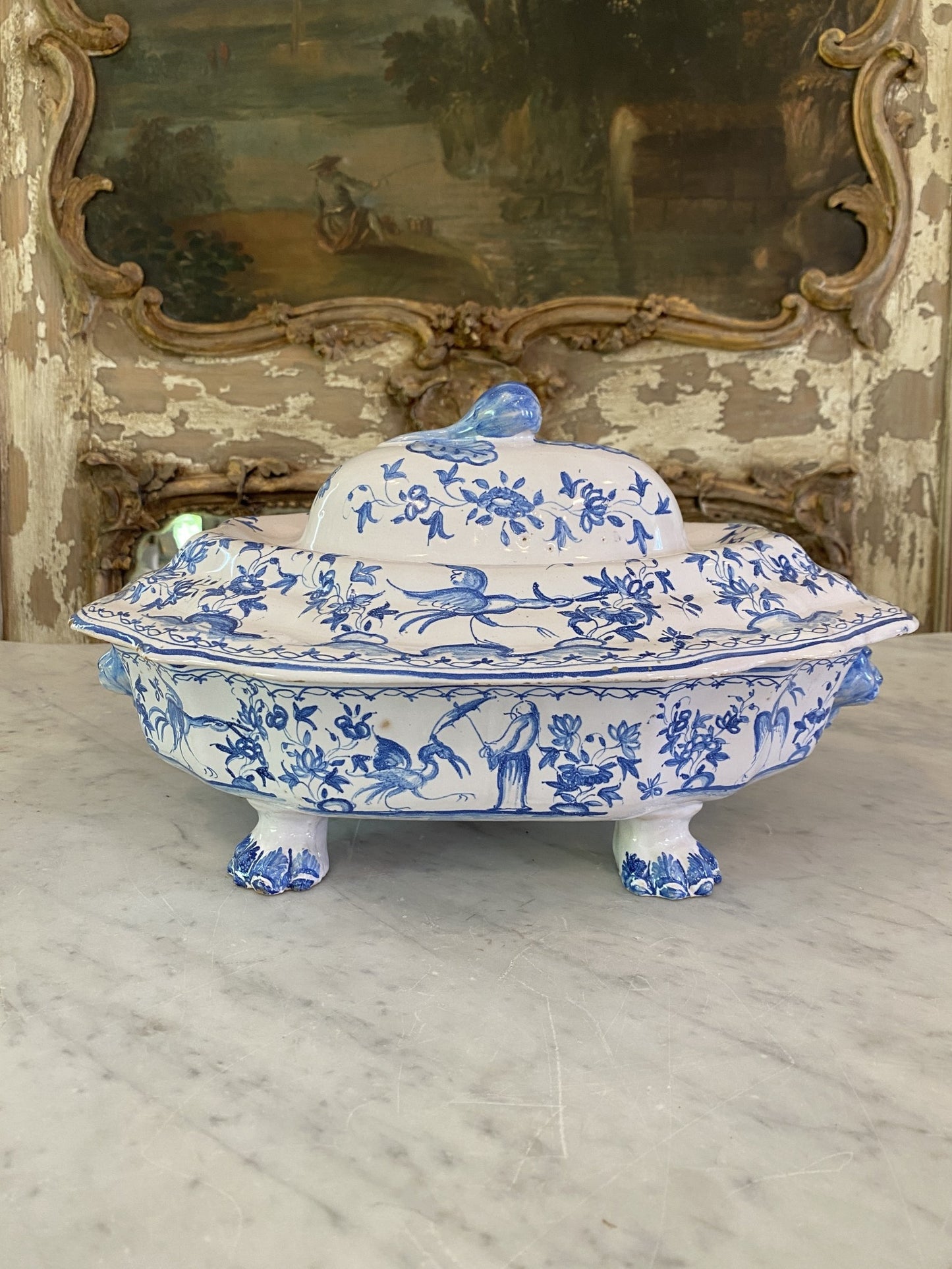 Antique Blue & White Moustiers Footed Lion Tureen