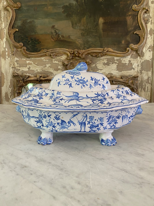 Antique Blue & White Moustiers Footed Lion Tureen