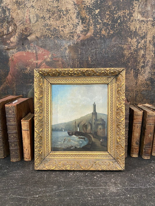 Antique Oil Painting of Steamship in Ornate Gold Frame