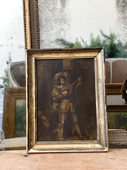 Antique 19th c. French Oil Painting of a Troubadour Musician