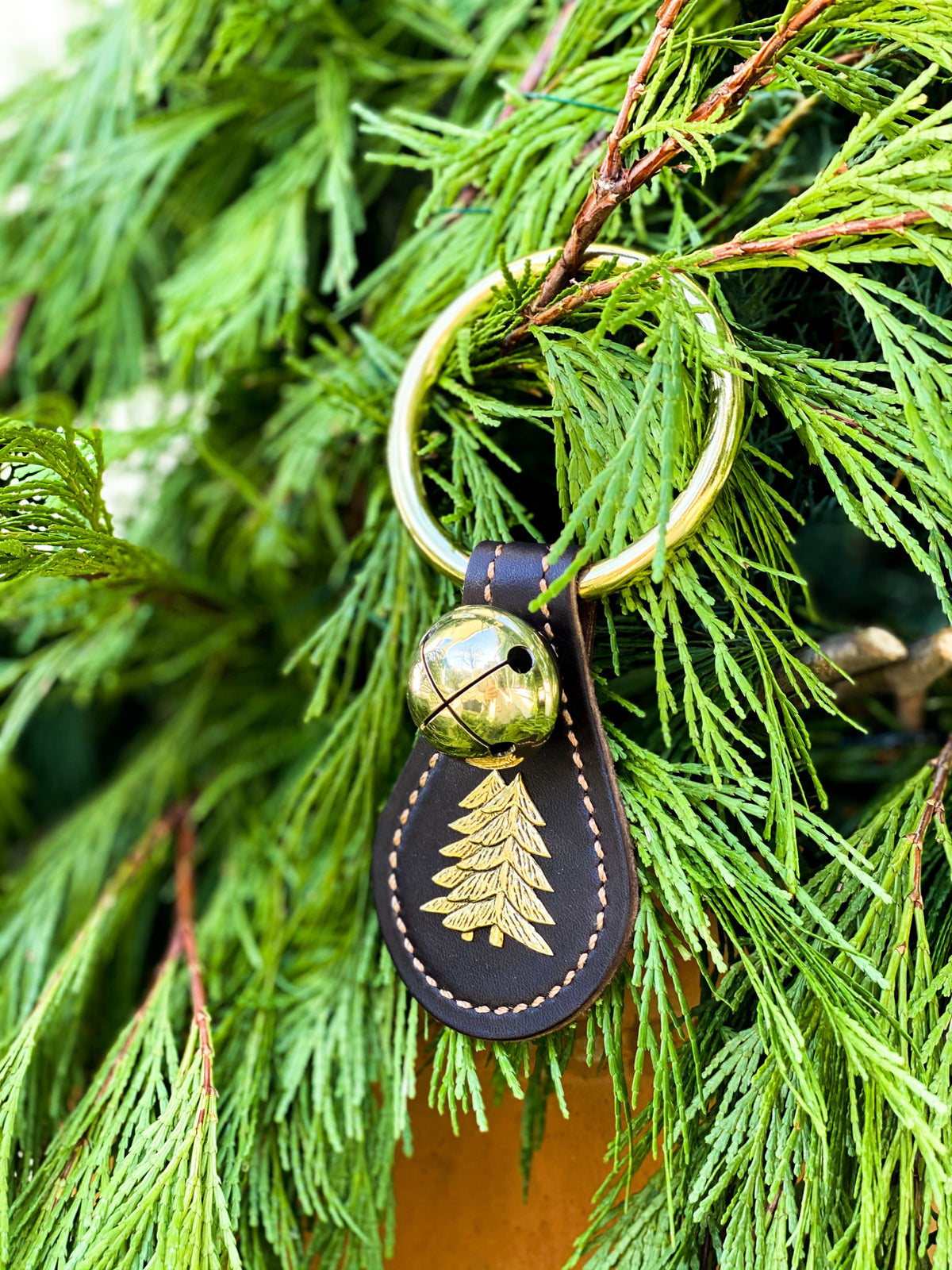 Solid Brass Sleigh Bells - Teardrop Double Tree - Dark Brown