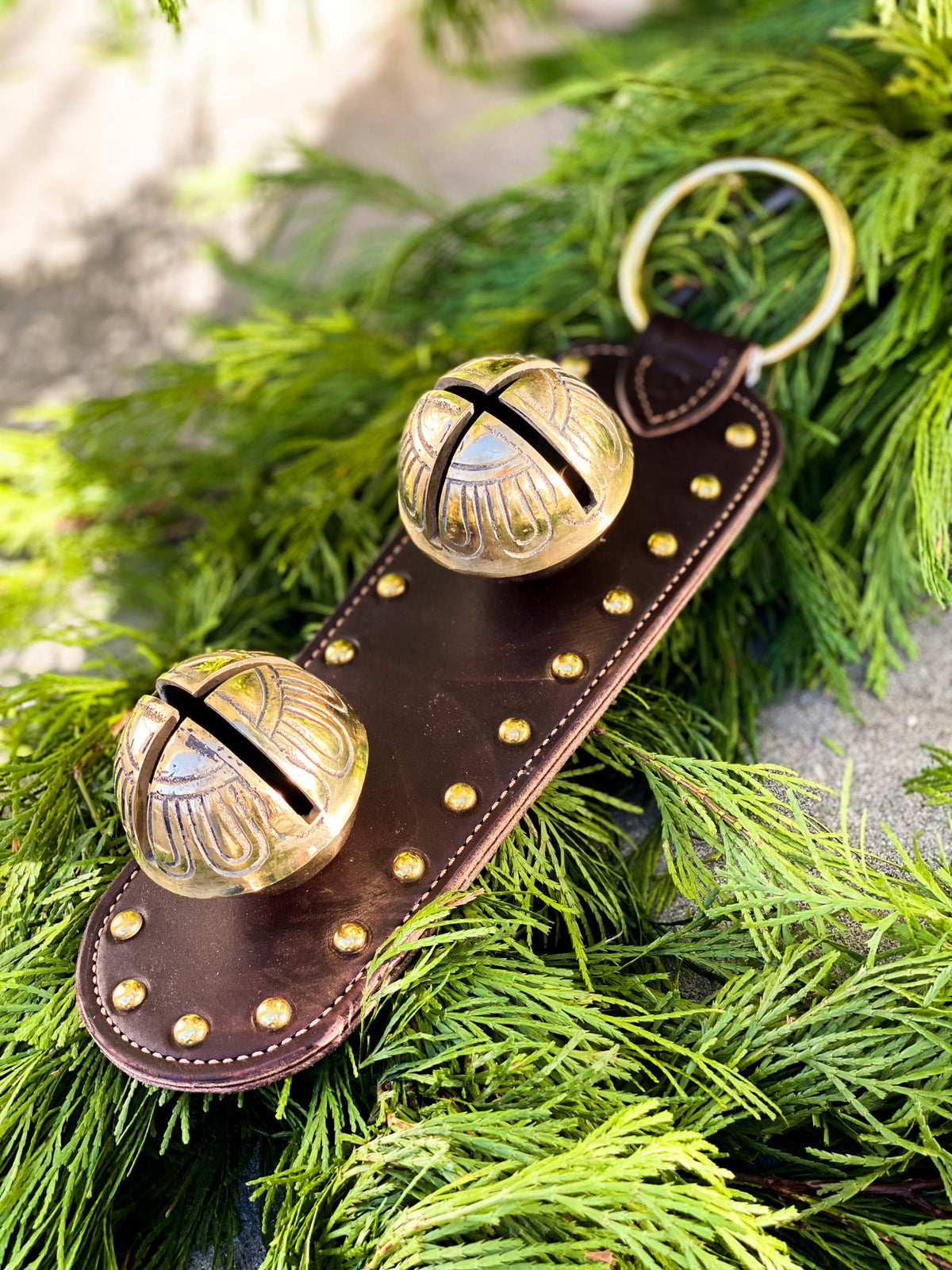 Solid Brass Sleigh Bells - Stitched & Studded Large Bell - Dark Brown