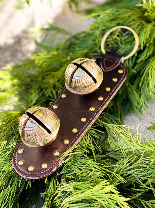 Solid Brass Sleigh Bells - Stitched & Studded Large Bell - Dark Brown