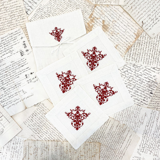 Cocktail Napkin Set - Victorian - Cream/Red