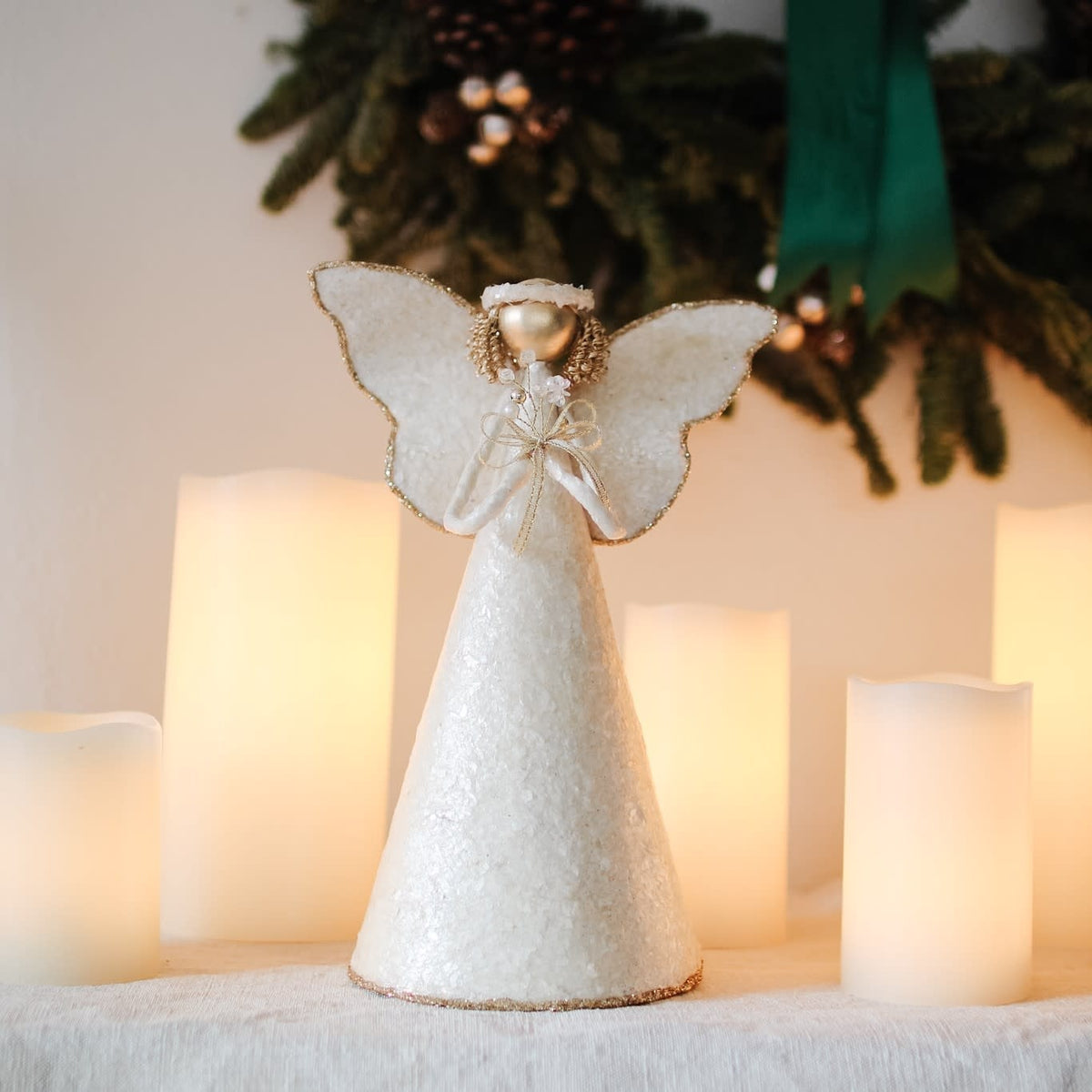 Tabletop/Tree Topper - Angel with Bouquet - Capiz Flakes Gold 11"
