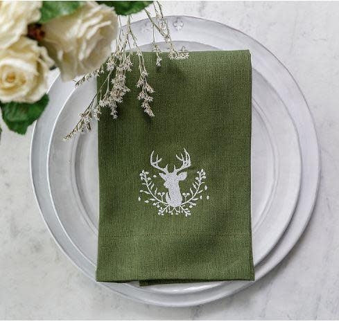 Trifold Napkin - Stag With Holly Berries - Evergreen