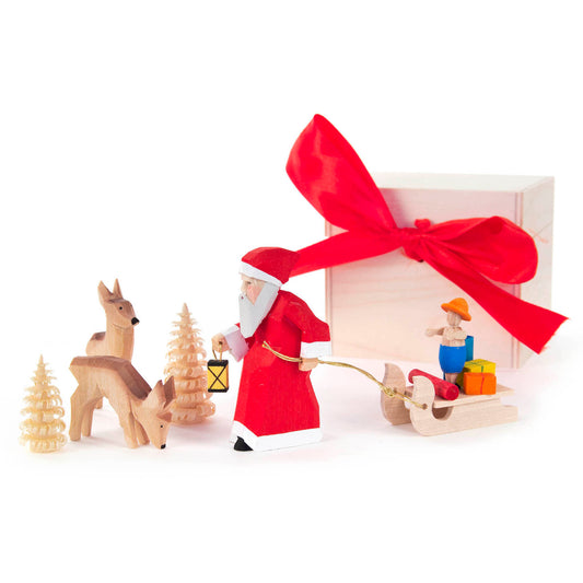 Santa with Deer and Sled in Wood Box